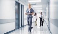 Hospital workers walk a corridor